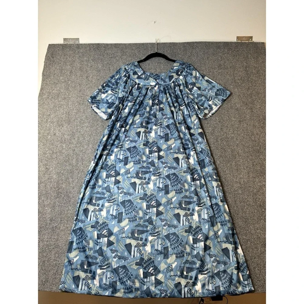 Anthony Richards Muumuu Dress L Blue Abstract Geometric Grannycore House Dress